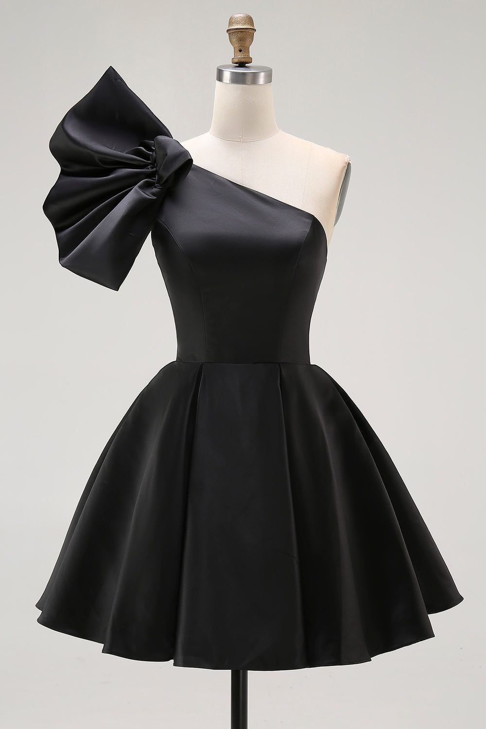 Satin Black A Line Short Prom Dress with Ruffles