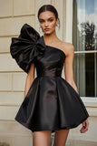 Satin Black A Line Short Prom Dress with Ruffles