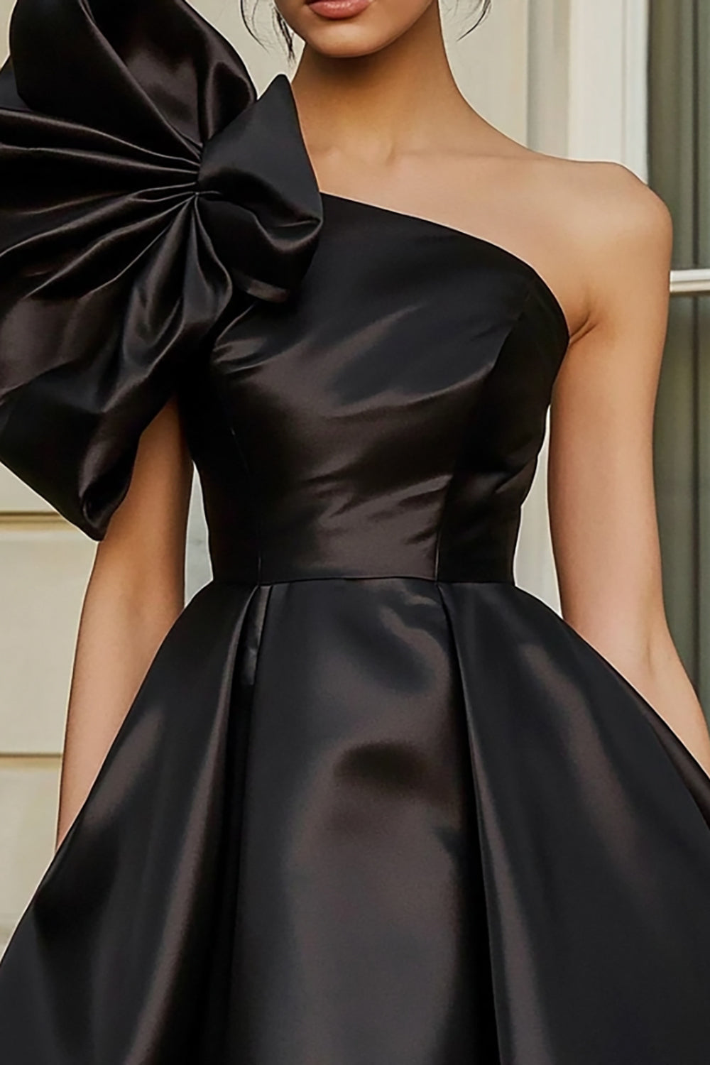 Satin Black A Line Short Prom Dress with Ruffles
