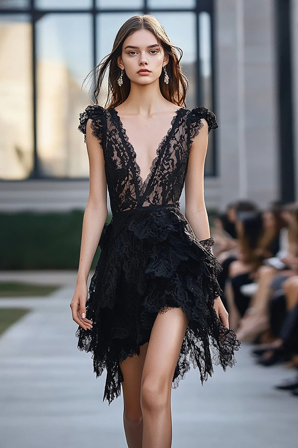 Black Deep V-Neck Lace Short A Line Prom Dress with Ruffles