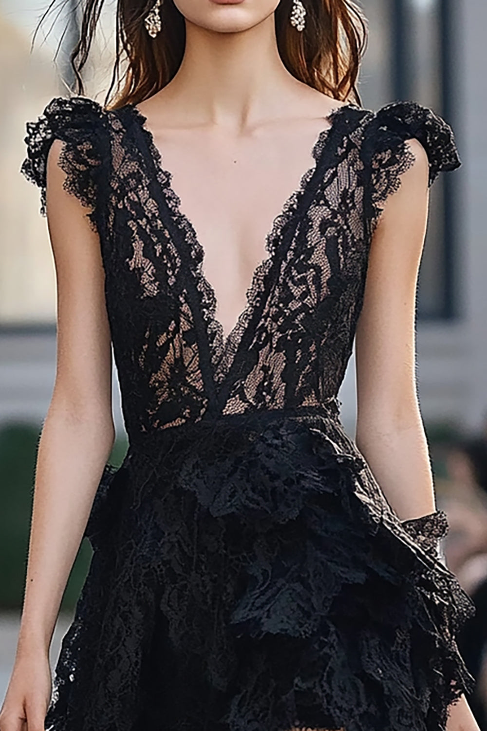 Black Deep V-Neck Lace Short A Line Prom Dress with Ruffles