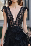 Black Deep V-Neck Lace Short A Line Prom Dress with Ruffles