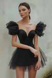 Black A Line Tulle Sweetheart Short Prom Dress with Sleeves