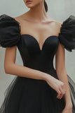 Black A Line Tulle Sweetheart Short Prom Dress with Sleeves