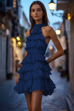 Navy High Neck A Line Tiered Short Prom Dress with Ruffles