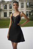 Sparkly Short Black A Line Satin Cocktail Dress with Beading