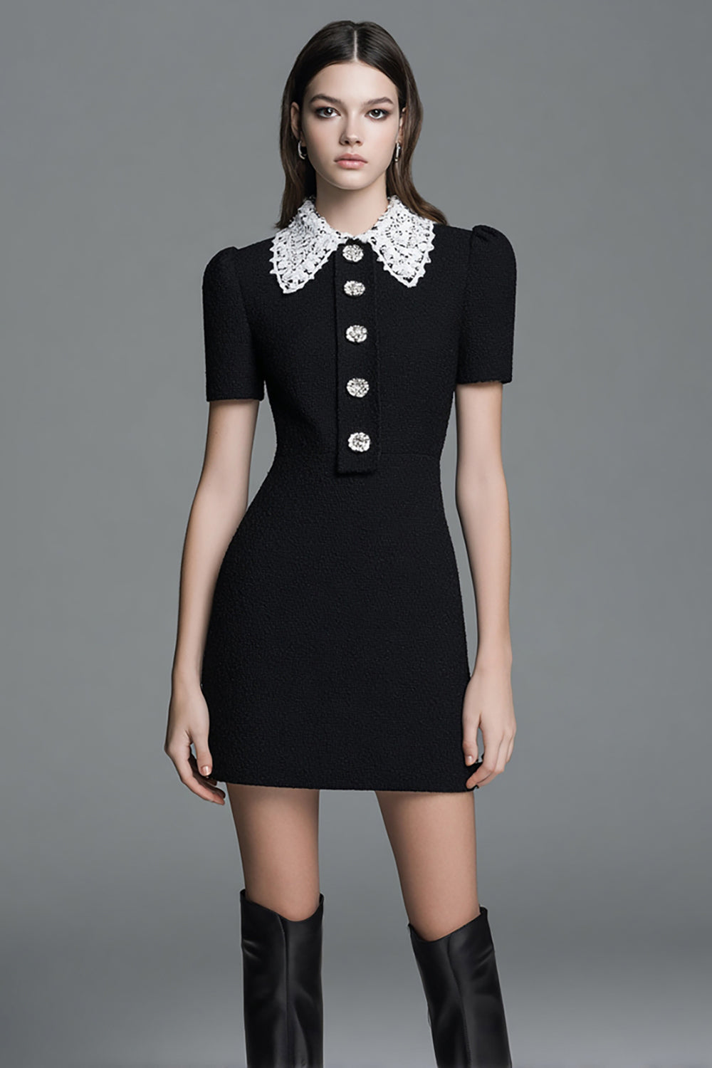 Tight Short Black Tweed Outfits with Buttons