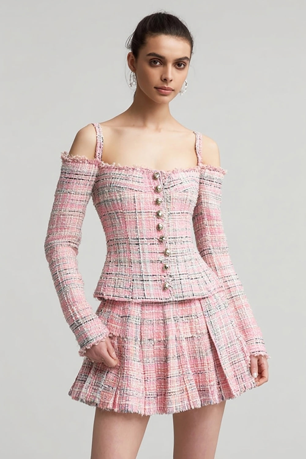 2 Piece Pink Plaid Cold Shoulder Short Tweed Outfits
