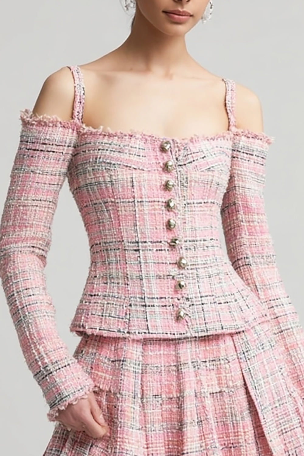 2 Piece Pink Plaid Cold Shoulder Short Tweed Outfits