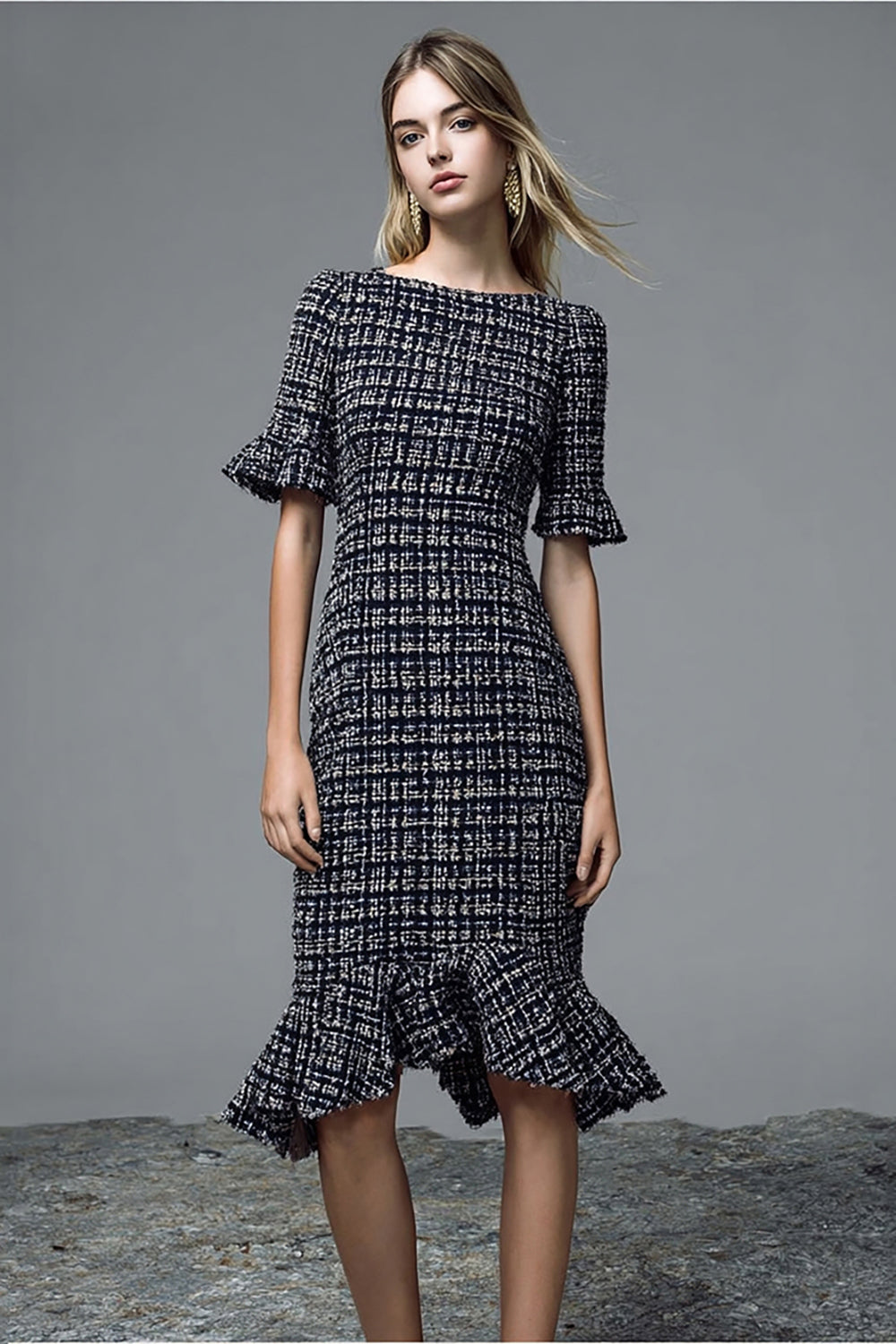 Black Plaid Short Sleeves Ruffled Midi Tweed Outfits