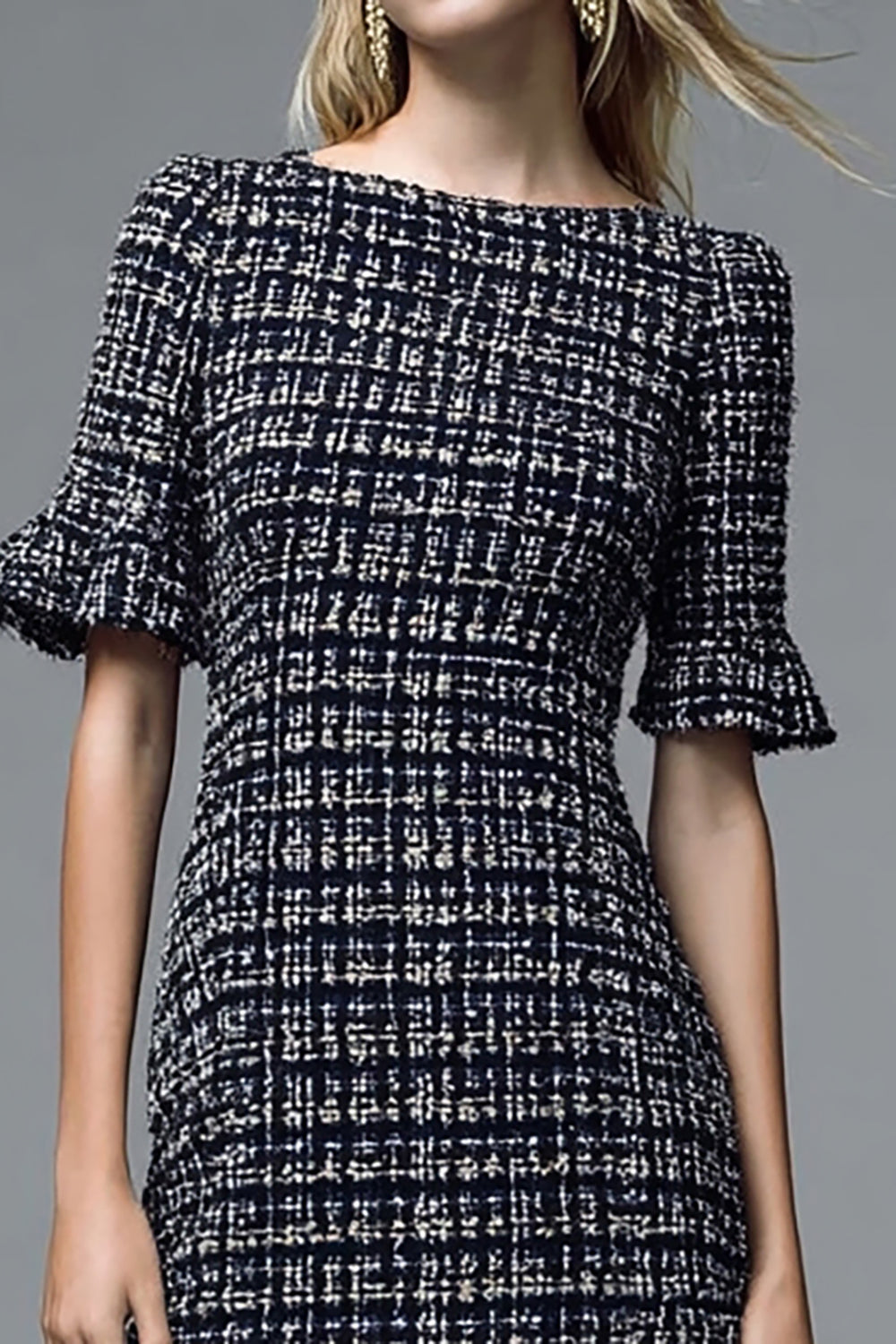 Black Plaid Short Sleeves Ruffled Midi Tweed Outfits