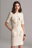 Ivory 2 Piece Pencil Blazer Short Tweed Outfits with Sleeves