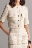 Ivory 2 Piece Pencil Blazer Short Tweed Outfits with Sleeves