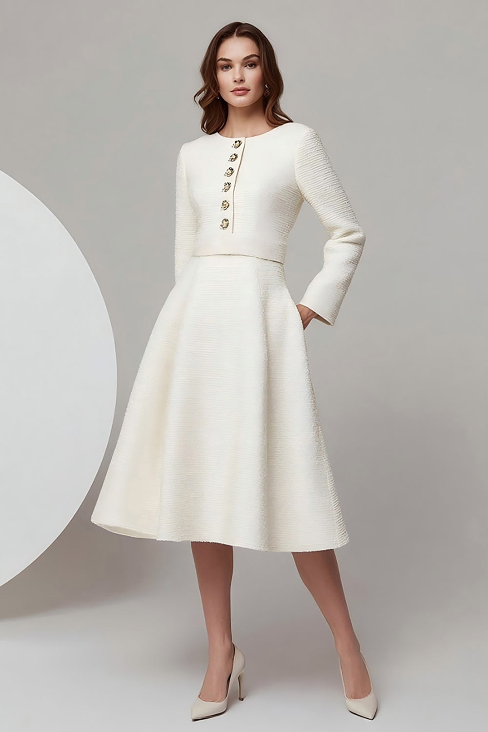 Leely Women Ivory Midi Date Night Outfits with Buttons A Line Round Neck Tweed Outfits with Sleeves Elegant Cream Dress