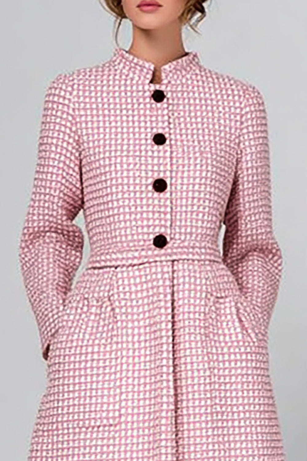 Tweed A Line Pink Plaid Midi Date Night Outfits with Long Sleeves