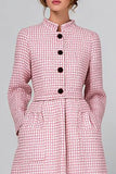 Tweed A Line Pink Plaid Midi Date Night Outfits with Long Sleeves