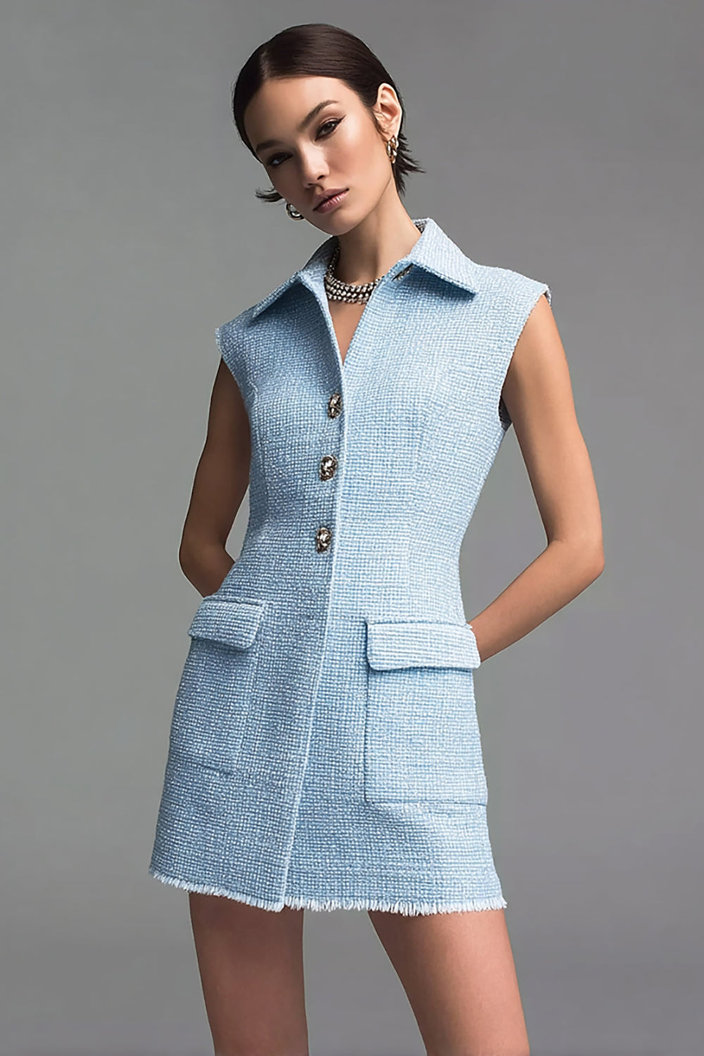 Sky Blue Collar Neck Tight Short Tweed Outfits with Buttons