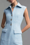 Sky Blue Collar Neck Tight Short Tweed Outfits with Buttons