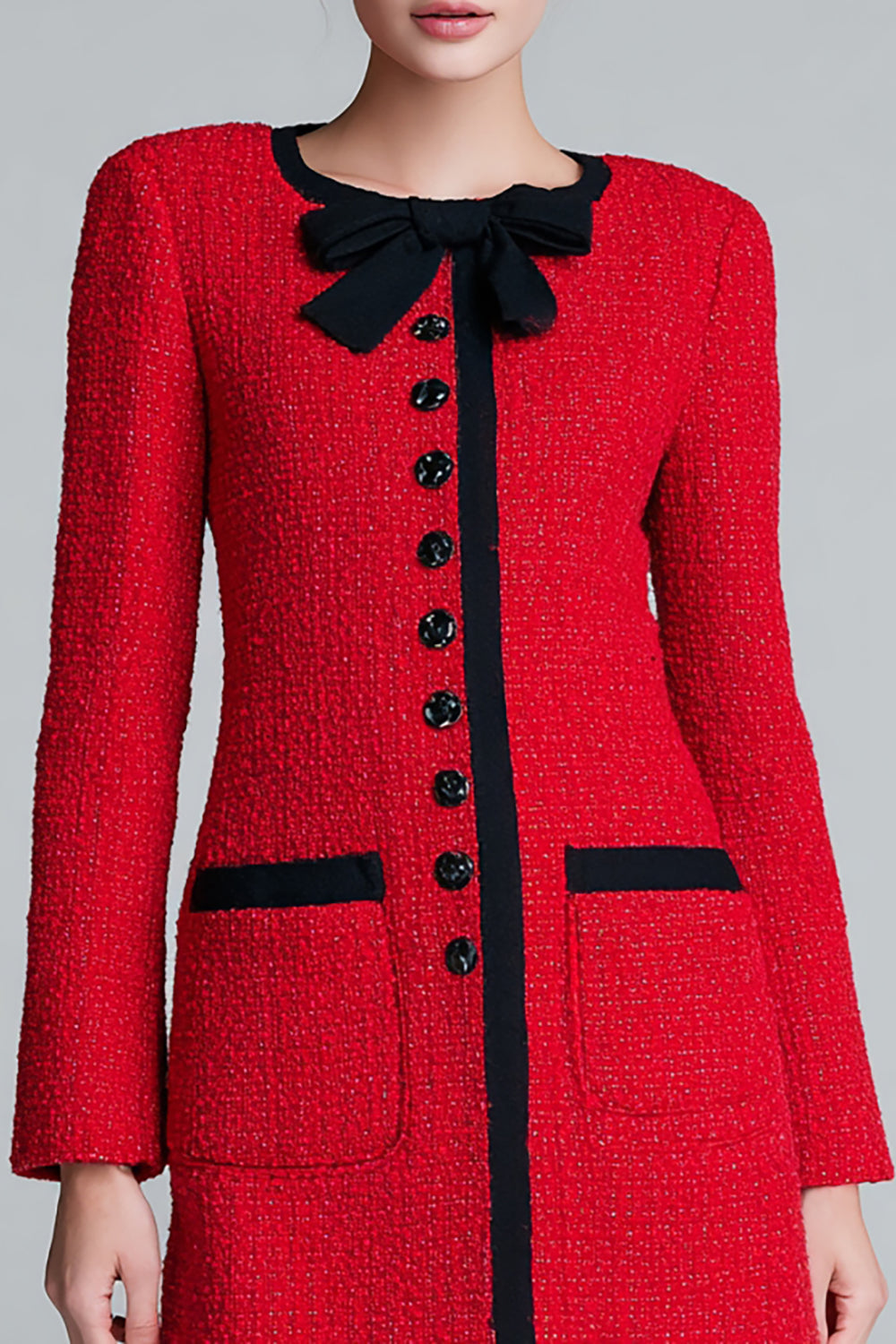 One Piece Red Pencil Buttons Short Tweed Outfits with Bow