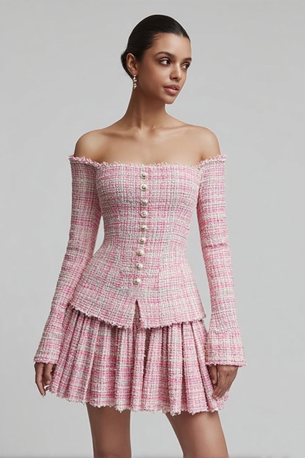 2 Piece Pink Off the Shoulder Pleated Short Tweed Outfits
