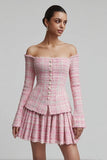 2 Piece Pink Off the Shoulder Pleated Short Tweed Outfits