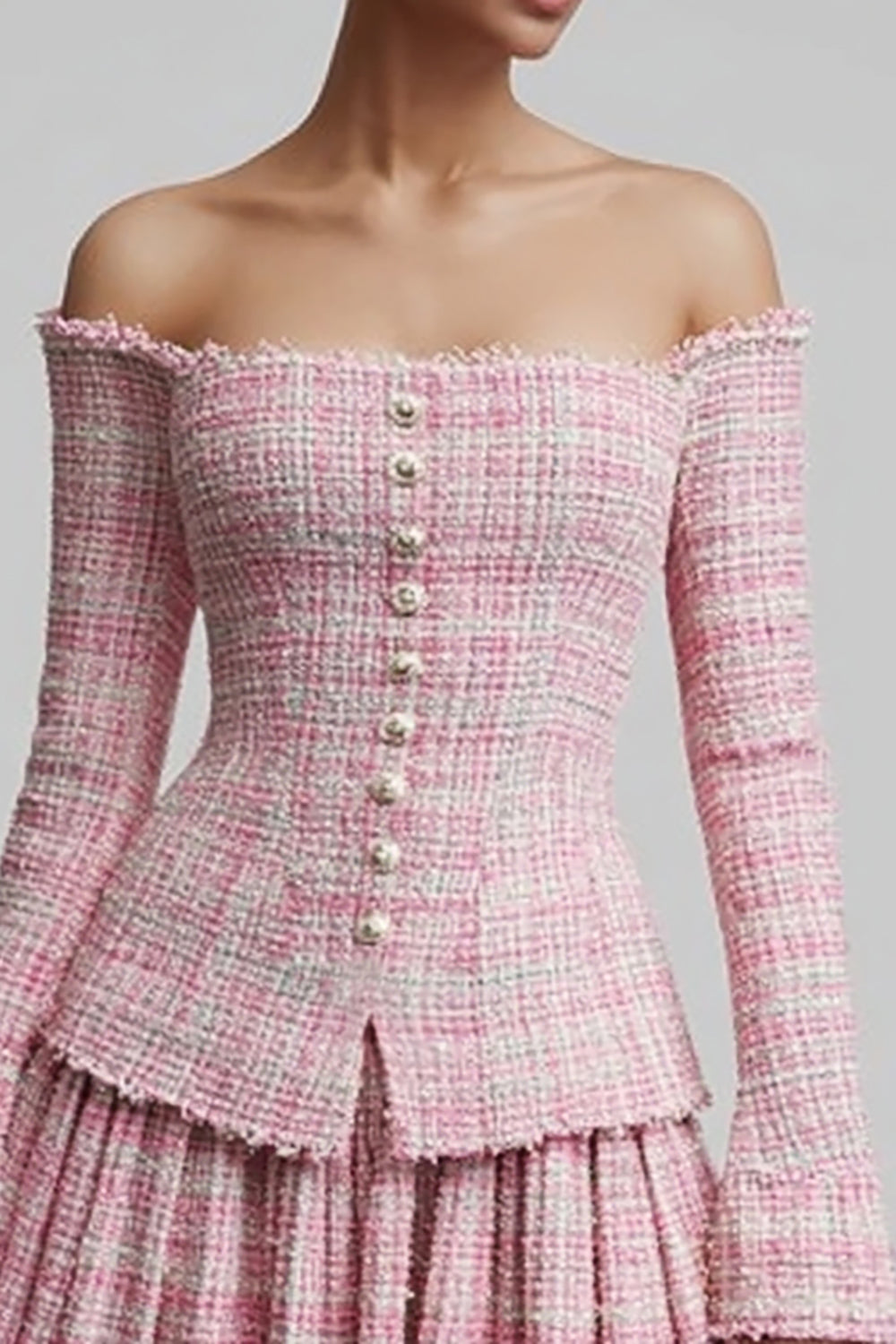 2 Piece Pink Off the Shoulder Pleated Short Tweed Outfits