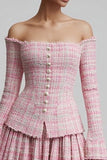 2 Piece Pink Off the Shoulder Pleated Short Tweed Outfits
