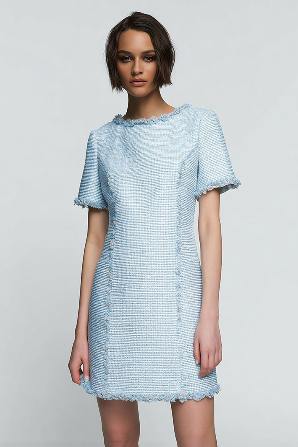 One Piece Sky Blue Pencil Short Tweed Outfits with Sleeves