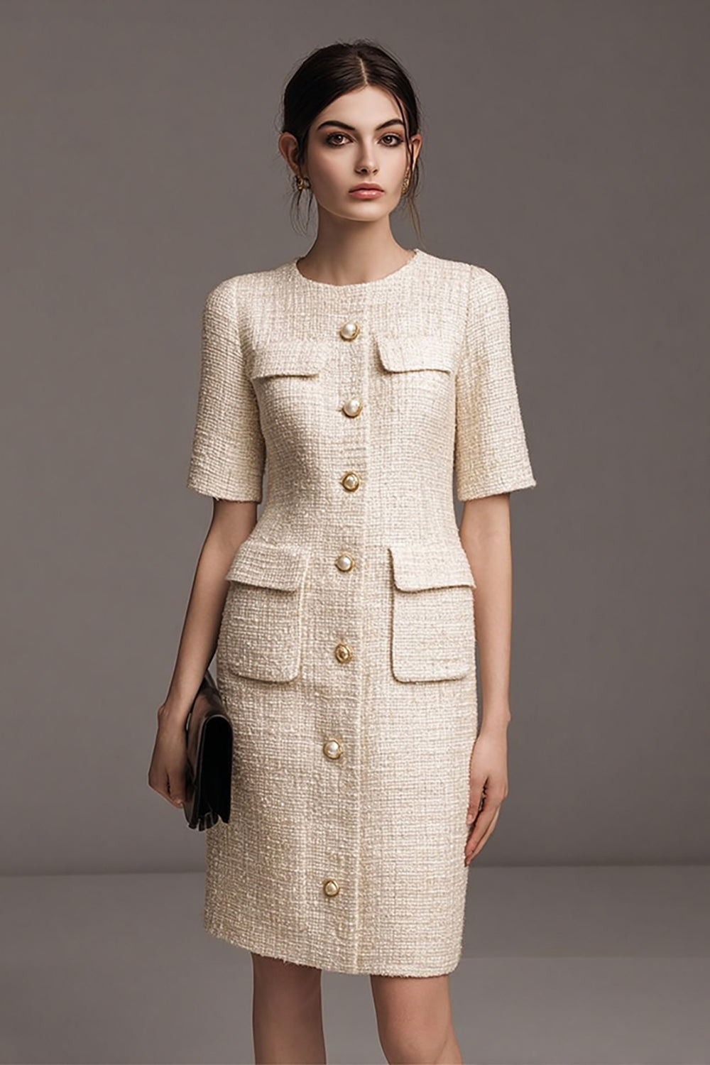 One Piece Ivory Pearls Pencil Short Tweed Outfits with Buttons