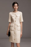 One Piece Ivory Pearls Pencil Short Tweed Outfits with Buttons