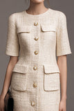 One Piece Ivory Pearls Pencil Short Tweed Outfits with Buttons