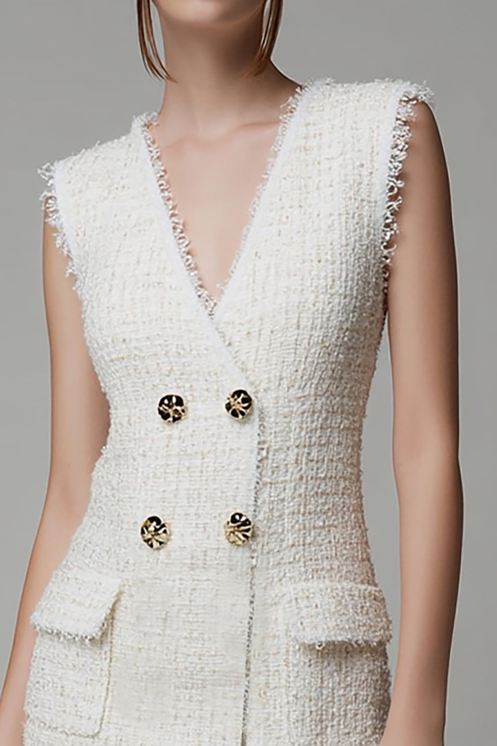 Ivory Tight Double Breasted Short Tweed Outfits with Pockets