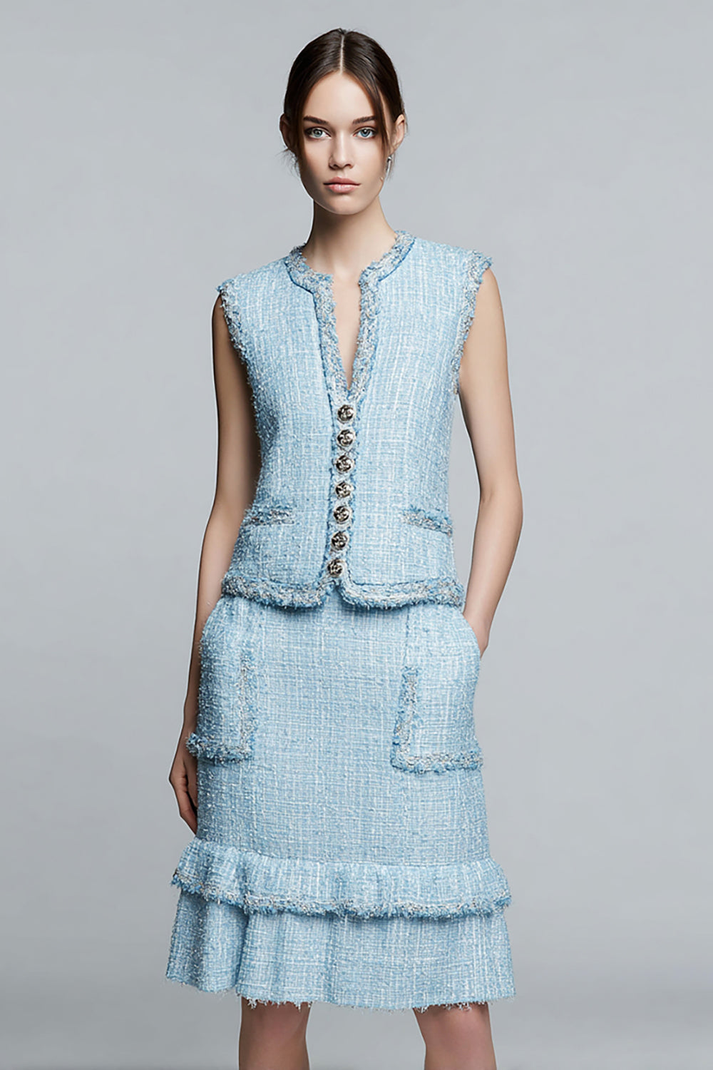 2 Piece Sky Blue Blazer Tweed Outfits with Ruffles