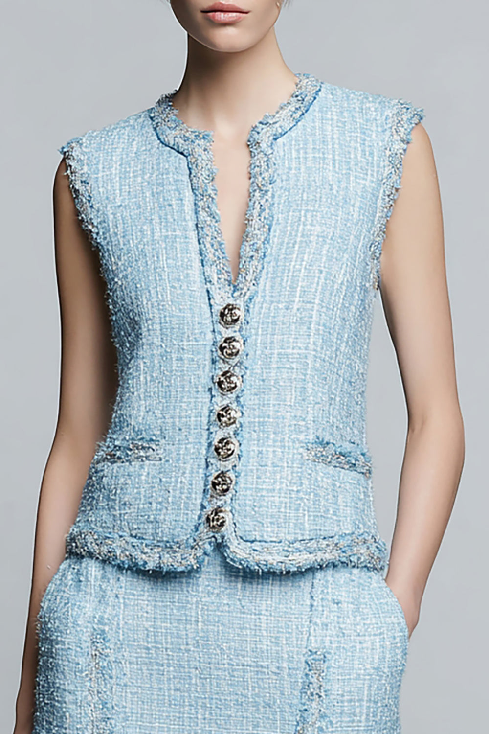 2 Piece Sky Blue Blazer Tweed Outfits with Ruffles