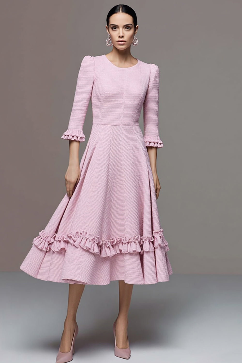 Pink A Line Round Neck Ruffled Midi Tweed Outfits with Sleeves