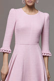 Pink A Line Round Neck Ruffled Midi Tweed Outfits with Sleeves