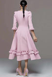 Pink A Line Round Neck Ruffled Midi Tweed Outfits with Sleeves