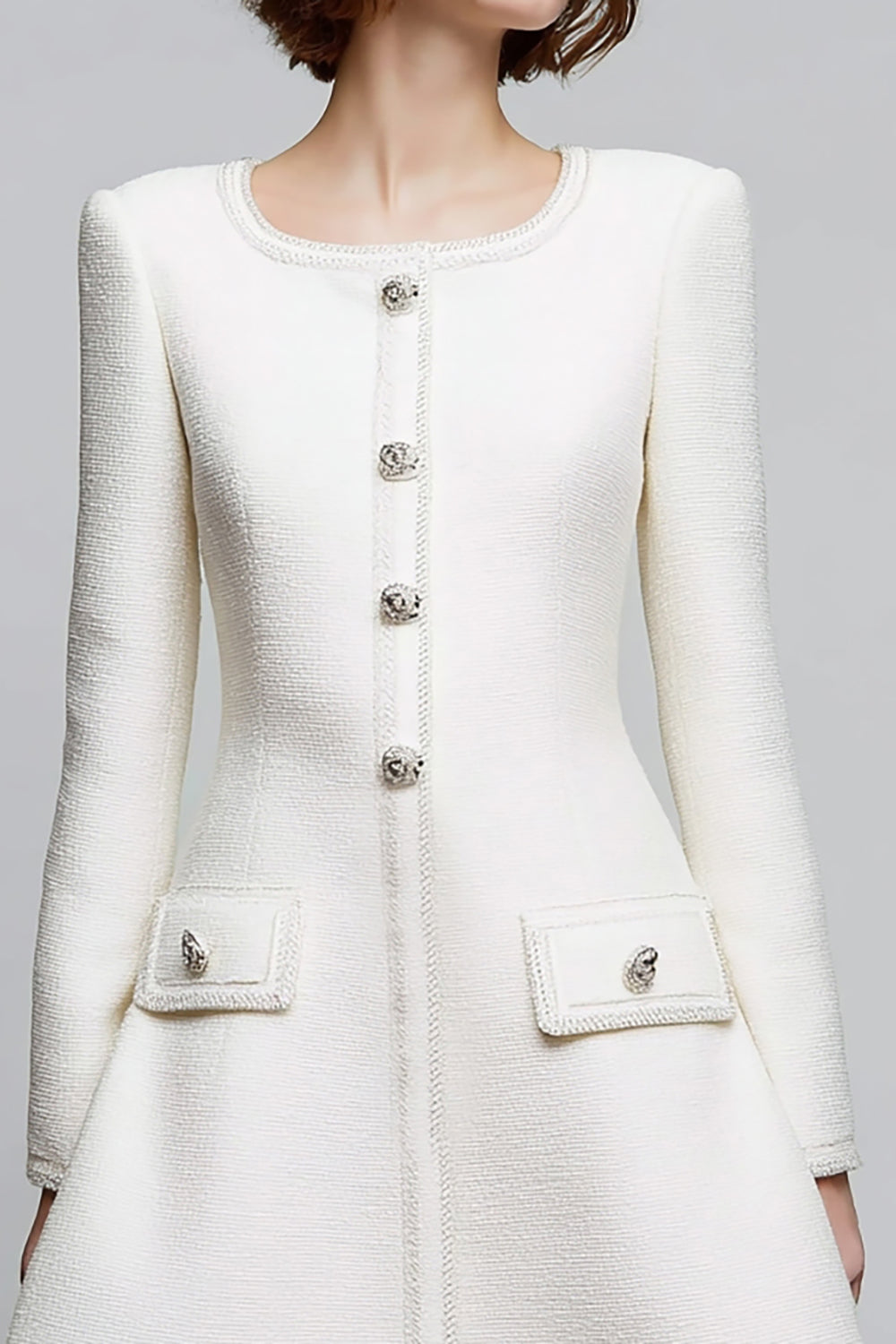 Ivory Round Neck A Line Short Tweed Outfits with Buttons