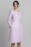 Lilac Square Neck A Line Midi Tweed Outfits with Buttons