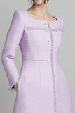 Lilac Square Neck A Line Midi Tweed Outfits with Buttons