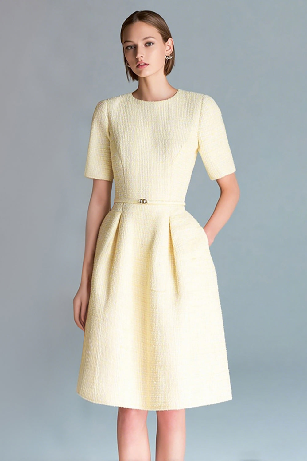 Midi Light Yellow Round Neck A Line Tweed Outfits with Sleeves
