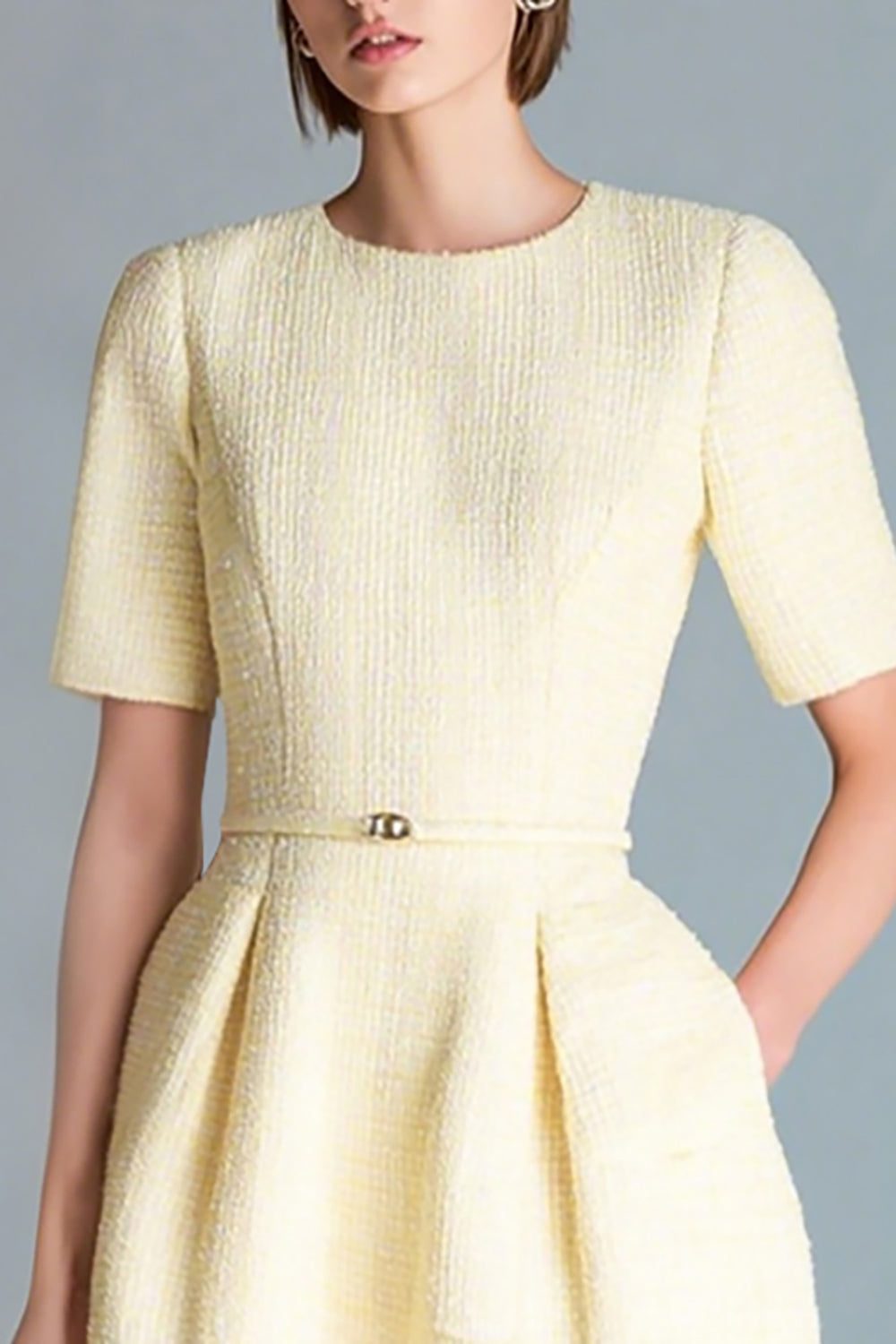 Midi Light Yellow Round Neck A Line Tweed Outfits with Sleeves