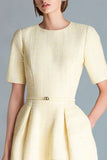 Midi Light Yellow Round Neck A Line Tweed Outfits with Sleeves