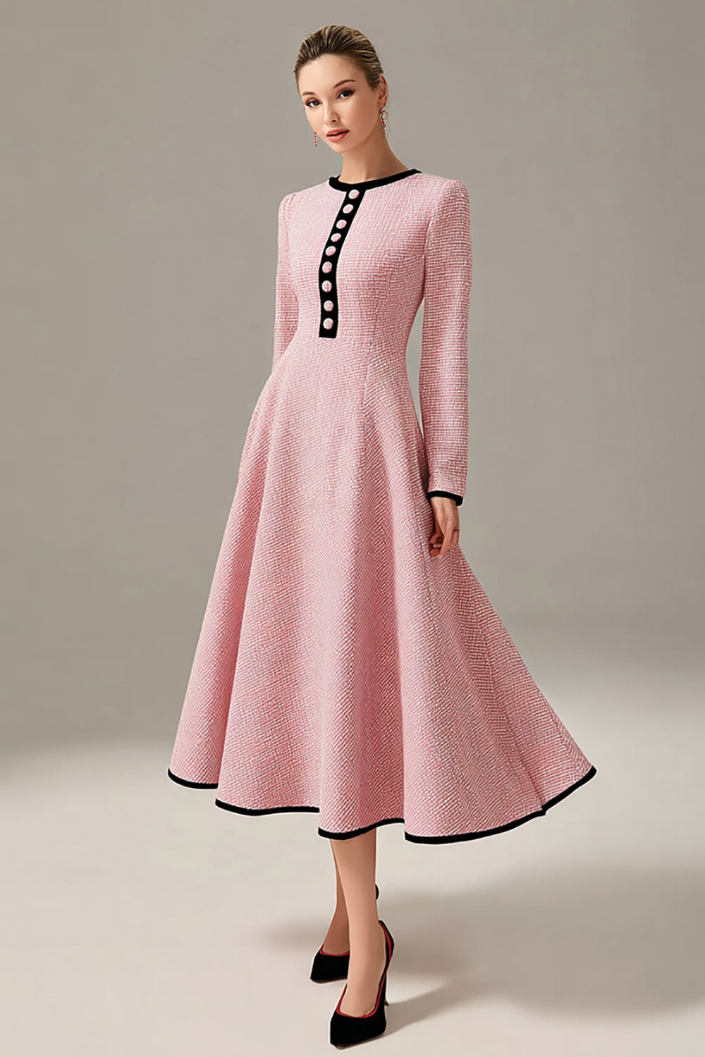 Elegant Pink A Line Midi Tweed Outfits with Buttons