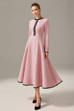 Elegant Pink A Line Midi Tweed Outfits with Buttons