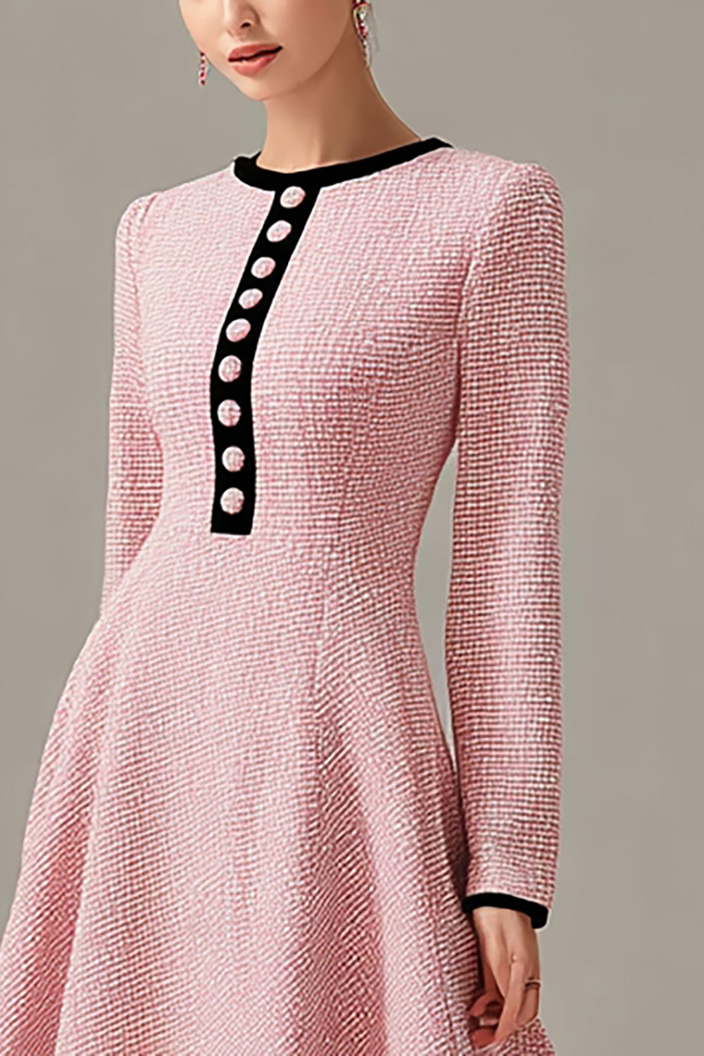 Elegant Pink A Line Midi Tweed Outfits with Buttons