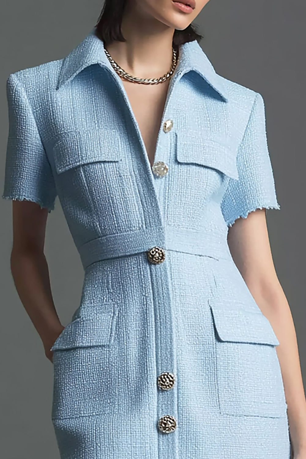 Sky Blue Tight Short Sleeves Tweed Outfits with Buttons