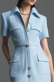 Sky Blue Tight Short Sleeves Tweed Outfits with Buttons