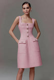 Short Pink Tight Cami Square Neck Tweed Dress