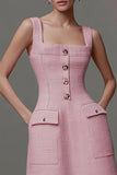 Short Pink Tight Cami Square Neck Tweed Dress
